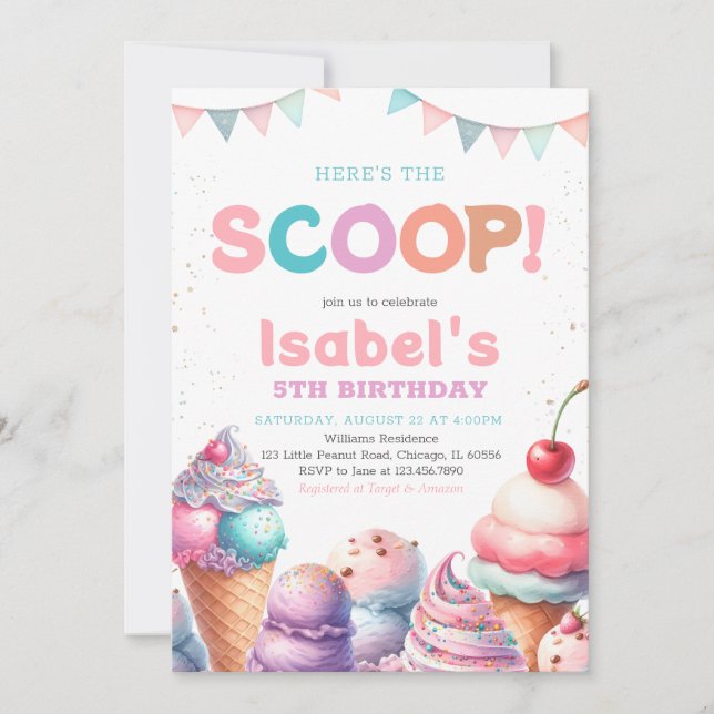 Here's the Scoop Ice cream Birthday Invitation (Front)