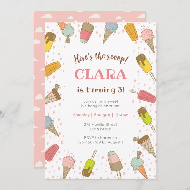 Here's the scoop Ice cream birthday invitation (Front/Back)