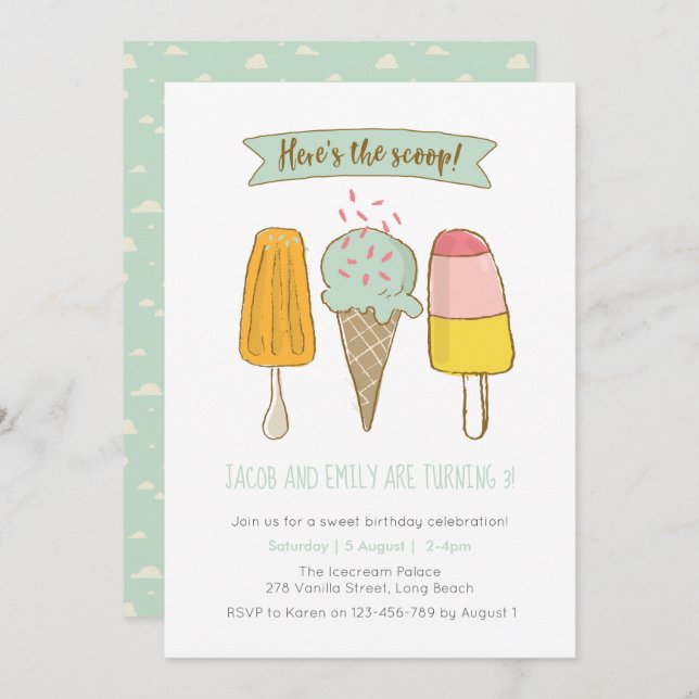 Here's the scoop Ice cream birthday invitation (Front/Back)