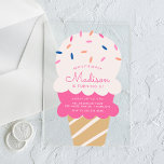 Here's The Scoop Ice Cream Birthday Party Acrylic Invitations<br><div class="desc">Serve up some fun with these cute ice cream birthday party invites! The invites feature a delightful illustration of a double-scoop ice cream cone with colourful pink, blue, and orange sprinkles, set against a frosted or transparent acrylic background. Personalise the ice cream-themed birthday invitations with the birthday girl's name and...</div>