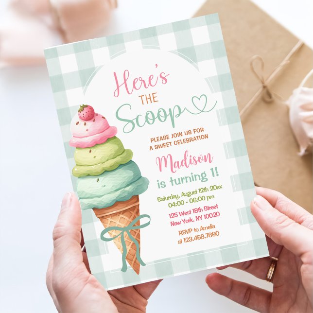 Here's The Scoop Ice Cream Bow 1st Birthday Invitation (Creator Uploaded)