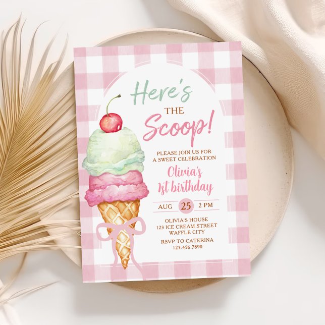 Here's The Scoop Ice Cream Bow 1st Birthday Invitation (Creator Uploaded)