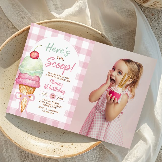 Here's The Scoop Ice Cream Bow 1st Birthday Photo Invitation (Creator Uploaded)
