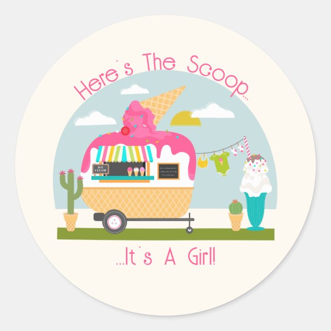 Here's The Scoop Ice Cream Camper Girl Baby Shower Classic Round Sticker (Front)