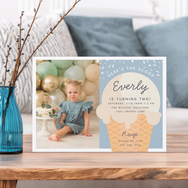 Here's The Scoop Ice Cream Cone Kid Birthday Photo Invitation (Creator Uploaded)