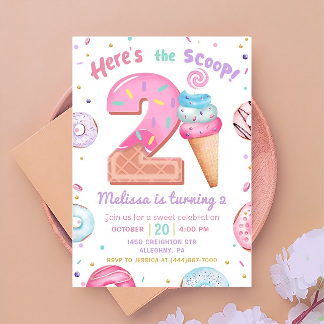 Here's the Scoop Ice Cream Doughnut 2nd Birthday Invitation (Creator Uploaded)