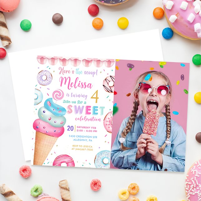 Here's the Scoop Ice Cream Doughnut Birthday Photo Invitation (Creator Uploaded)