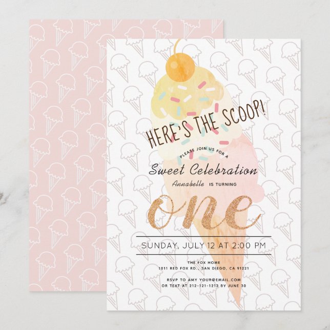 Here's the Scoop Ice Cream Girl Pink 1st Birthday Invitation (Front/Back)