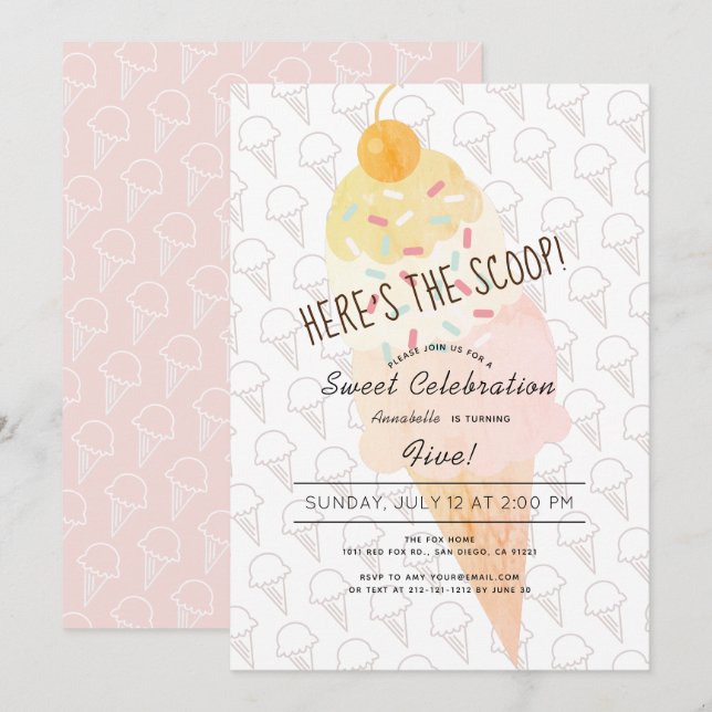 Here's the Scoop Ice Cream Girl Pink Birthday Invitation (Front/Back)