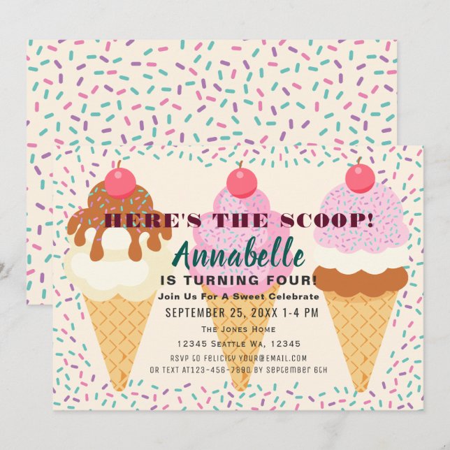 Here's the Scoop Ice Cream Kids Birthday Party Inv Invitation (Front/Back)