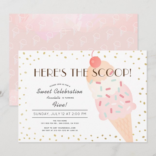 Here's the Scoop Ice Cream Pink Gold Girl Birthday Invitation (Front/Back)