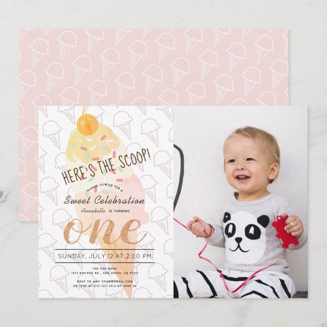 Here's the Scoop Ice Cream Pink Photo 1st Birthday Invitation (Front/Back)