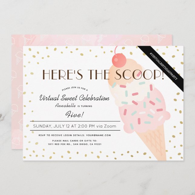 Here's the Scoop Ice Cream Pink Virtual Birthday Invitation (Front/Back)