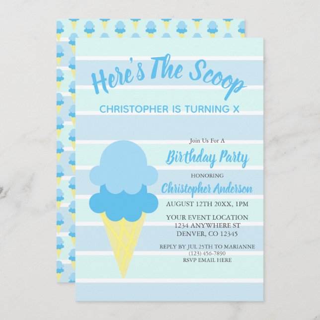 Here's The Scoop Ice Cream Summer Birthday Invitation (Front/Back)