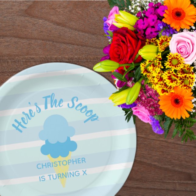 Here's The Scoop Ice Cream Summer Boy Birthday Paper Plate (Creator Uploaded)