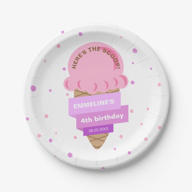 Here's The Scoop Ice Cream Sweet Pink Birthday Paper Plate (Front)