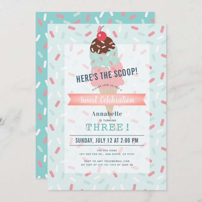 Here's the Scoop Mint Green Ice Cream Birthday Invitation (Front/Back)