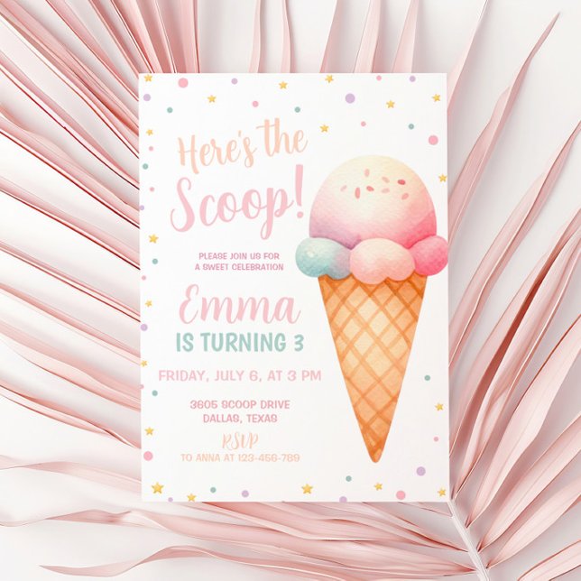 Here's the Scoop Pastel Pink Ice Cream Birthday Invitation (Creator Uploaded)