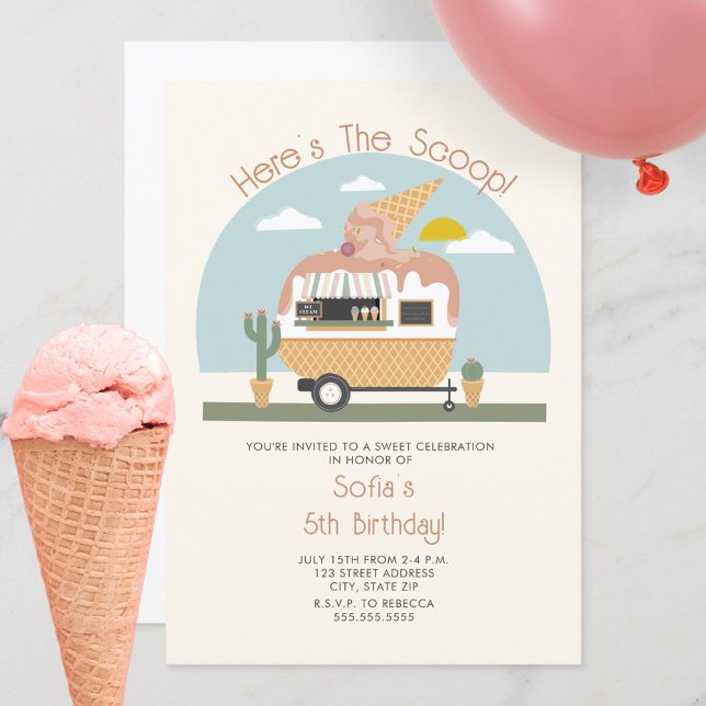Here's The Scoop Pink Ice Cream Truck Birthday Invitation (Creator Uploaded)