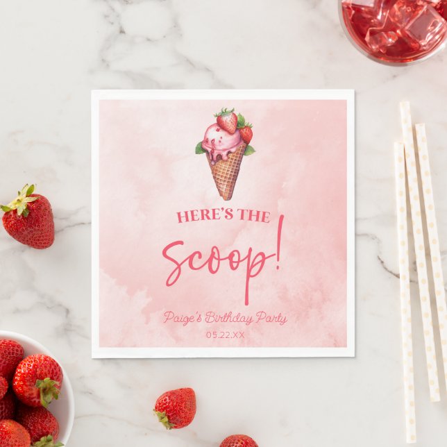 Here's The Scoop Pink Red Ice Cream Birthday Party Napkin (Insitu)
