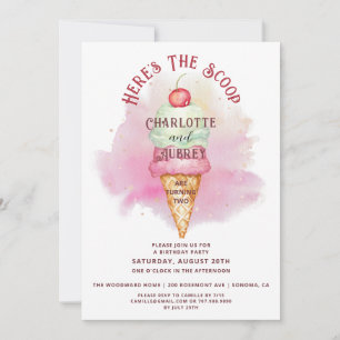 Here's The Scoop Twins Turning Two Birthday Party Invitation