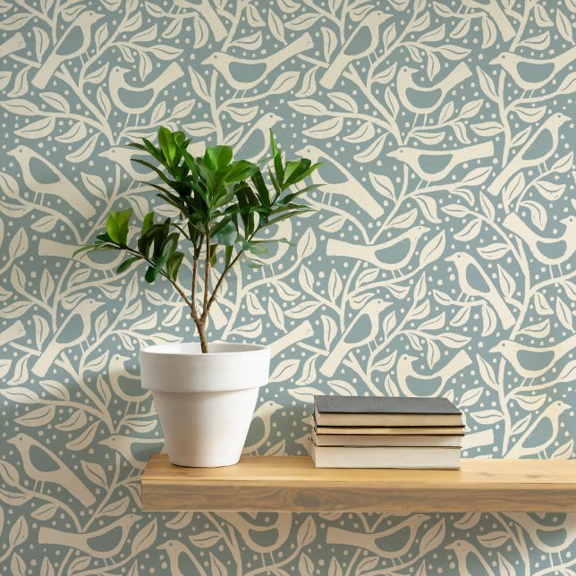 Heritage Birds and Branches Duck Egg Blue Wallpaper (Birds and branches heritage revival arts and crafts movement inspired duck egg blue green wallpaper)