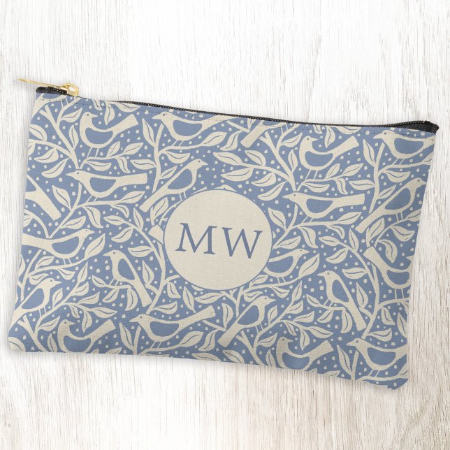 Heritage Birds Monogram Initials Accessory Pouch (Heritage Arts and Crafts style persoalized monogram initial birds and branches zip pouch)