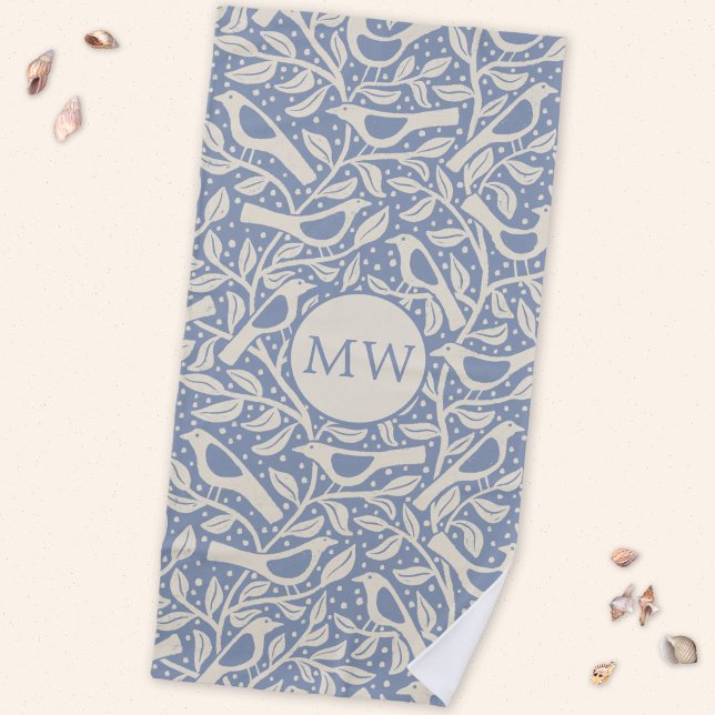 Heritage Birds Monogram Initials Beach Towel (Heritage Arts and Crafts style monogram initial personalized birds and branches beach towel)