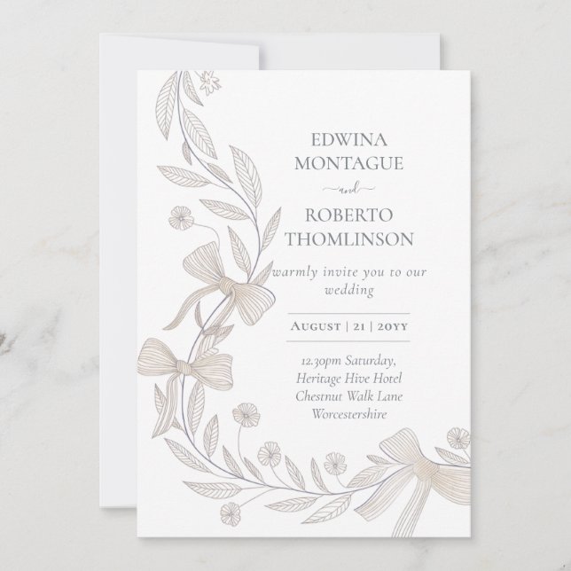 Heritage Botanical Ribbon Bow Elegant Neutral Wedd Invitation (Front)