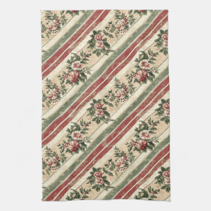 Heritage Christmas Red Floral Greenery Stripe Tea Towel