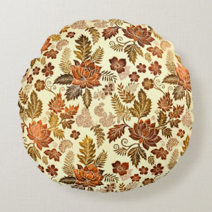 Heritage Copper Warm Gold Floral Design Round Cushion