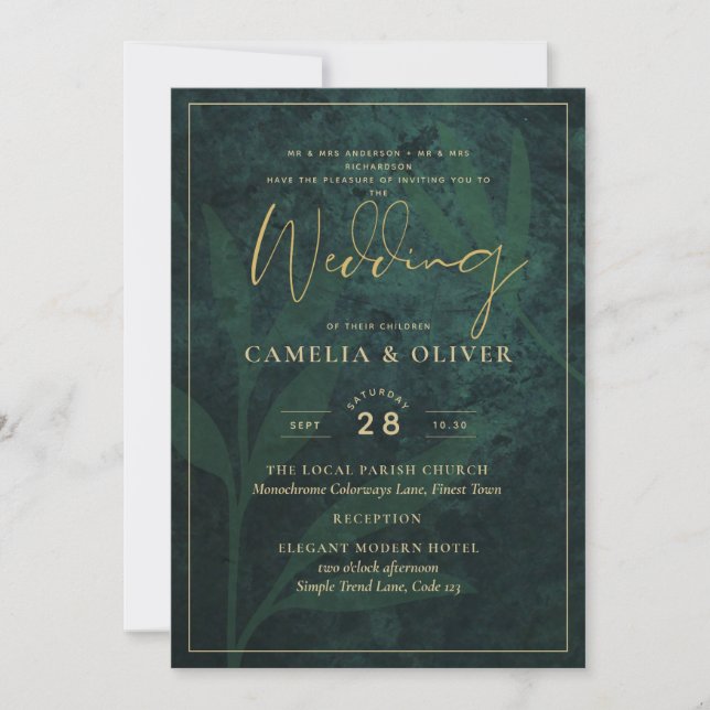 Heritage Emerald Green Gold Modern Leafy Wedding Invitation (Front)