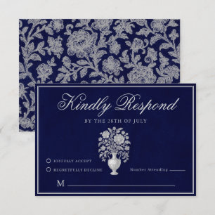 Heritage Floral Vase Classic Navy Wedding RSVP Card