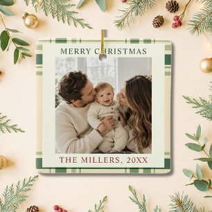Heritage Green Plaid Family Photo Christmas Ceramic Ornament