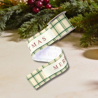 Heritage Green Plaid Merry Christmas Satin Ribbon