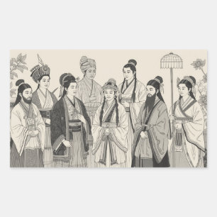Heritage in Harmony: Black & White Traditional Art Rectangular Sticker
