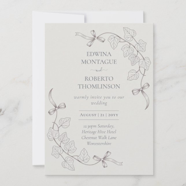 Heritage Ivy and Ribbon Hand Drawn Elegant Wedding Invitation (Front)
