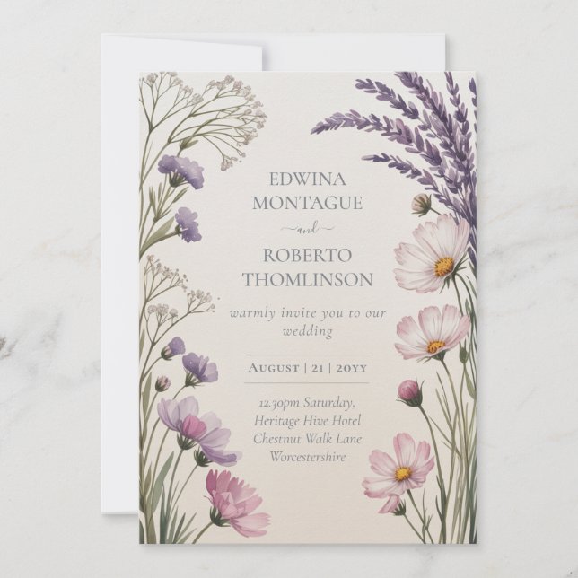 Heritage Lavender Meadow Wildflower Wedding Invitation (Front)