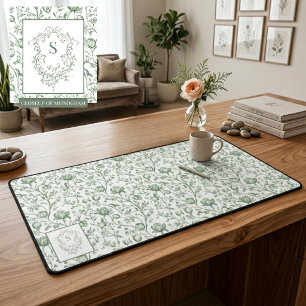 Heritage Luxury Sage French Toile Monogram Crest Desk Mat