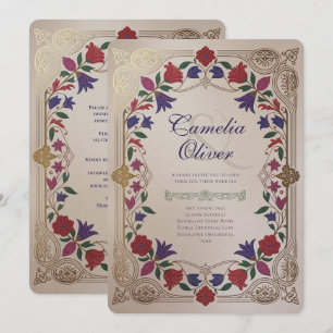 Heritage Mediaeval Floral Wedding Jewel Tone Gold Invitation