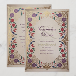 Heritage Mediaeval Floral Wedding Purple Red Gold Invitation