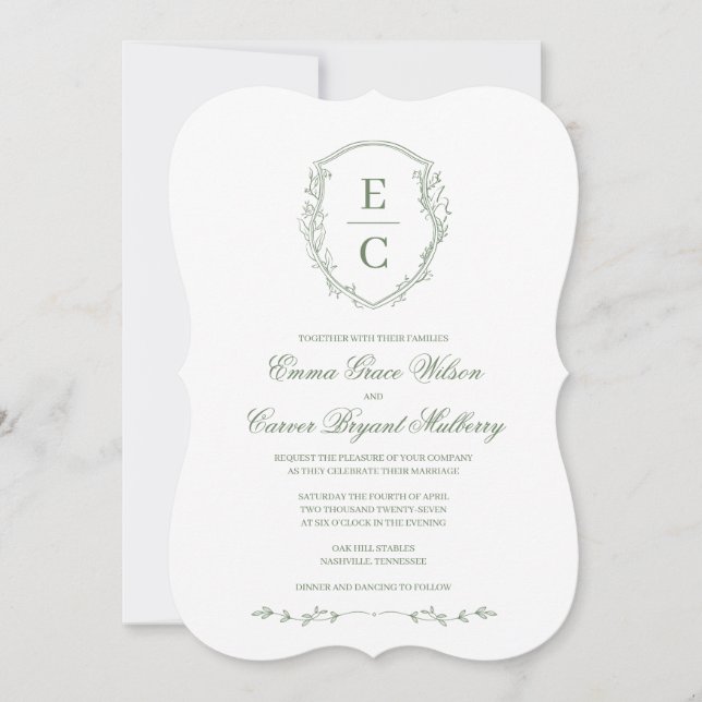 Heritage Monogram Crest Wedding Invitation Sage (Front)