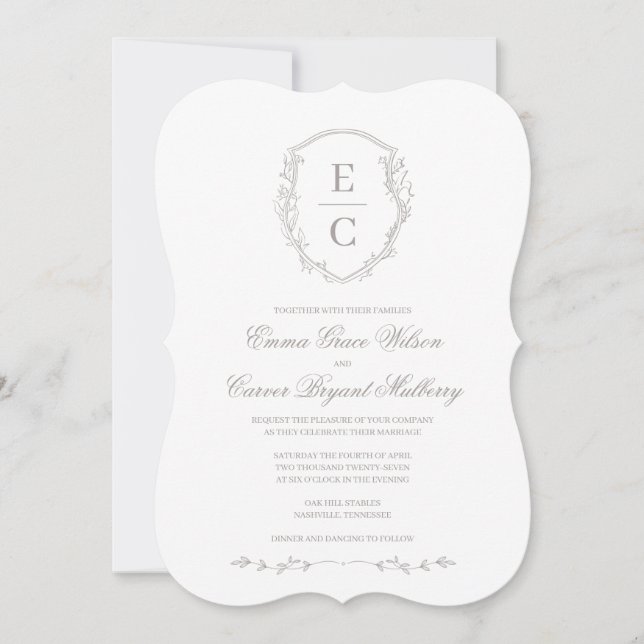 Heritage Monogram Crest Wedding Invitation Taupe (Front)