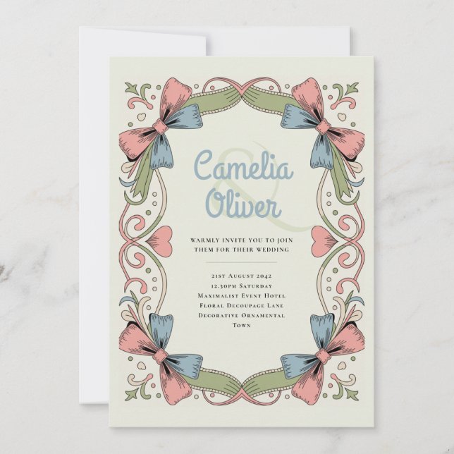 Heritage Retro 1950s Rockabilly Pastel Bow Wedding Invitation (Front)