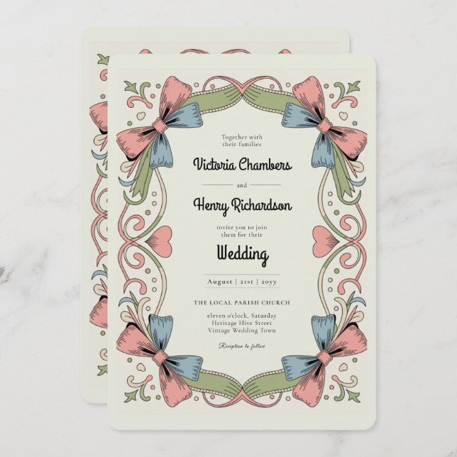 Heritage Retro 1950s Rockabilly Pastel Bow Wedding Invitation (Front/Back)