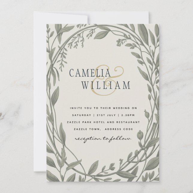 Heritage Sage Green Botanical  Elegant Wedding Invitation (Front)