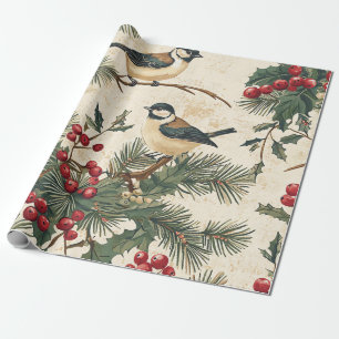Heritage Songbird Holly Christmas Cream Woodland Wrapping Paper