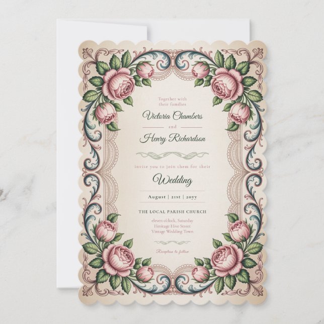 Heritage | Victorian Blush Rose Scalloped Wedding Invitation (Front)