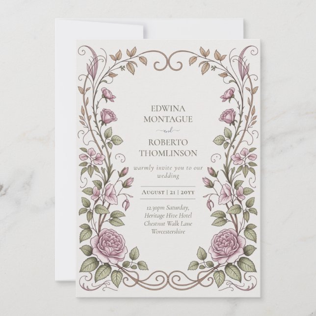 Heritage Victorian Botanical Rose Wedding Invitation (Front)