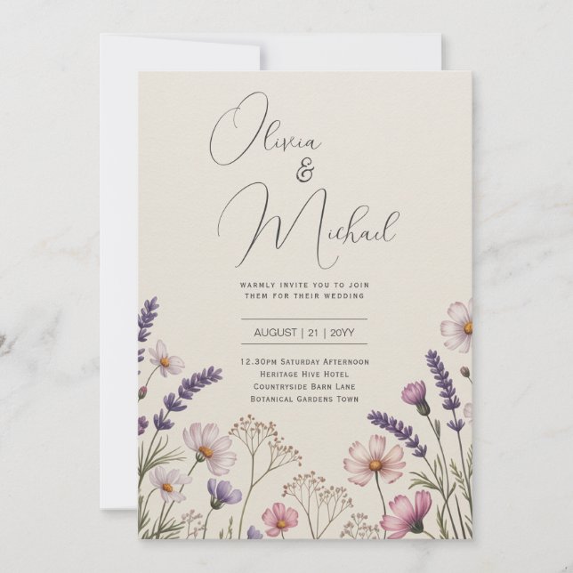 Heritage Wildflower Lavender Blush Rustic Wedding Invitation (Front)